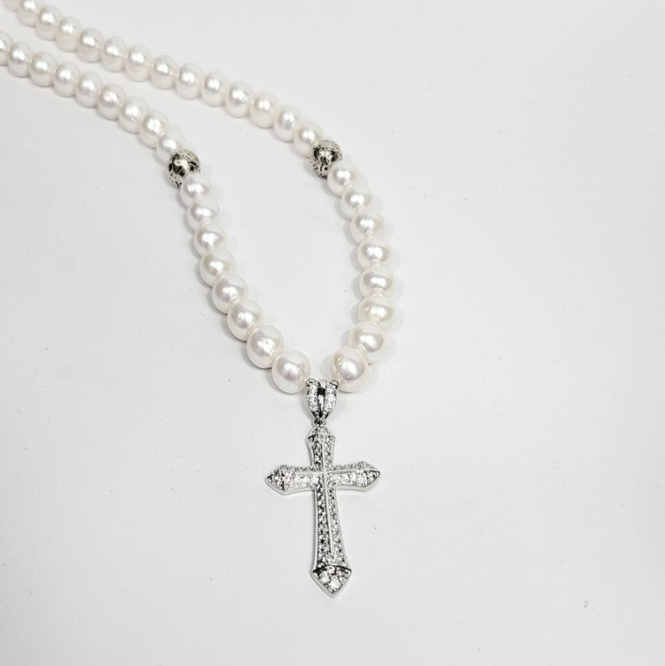 Sterling Silver Cross with Cubic Zirconia and Baroque Pearls Necklace