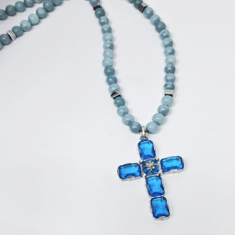 Large Silver Cross with Austrian Crystals Strang on Aquamarine beaded necklace