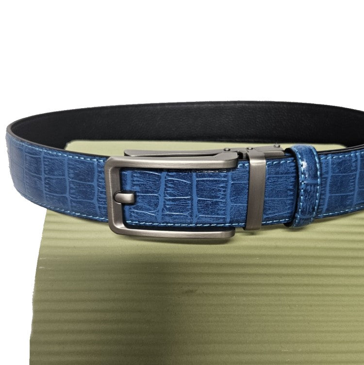 Mens Blue Crocodile Patern Cowhide Leather Belt with Automatic  Clasp