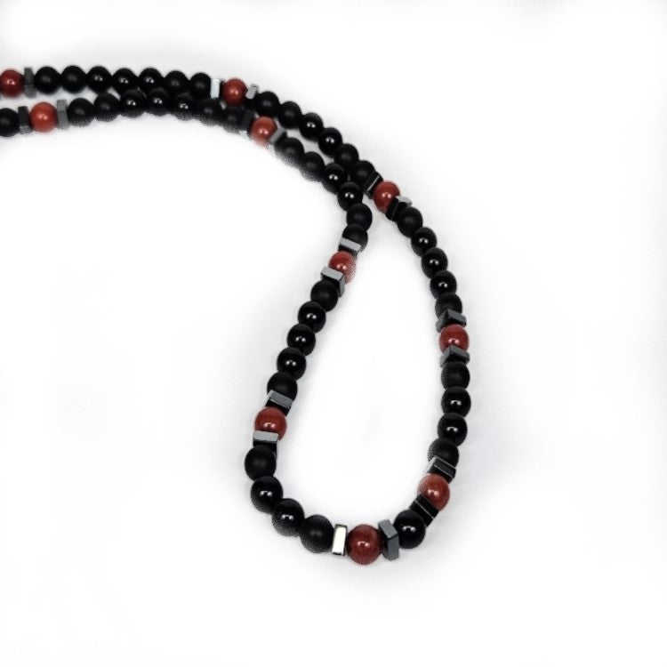 Black Onyx and Red Calcedony Beaded Necklace