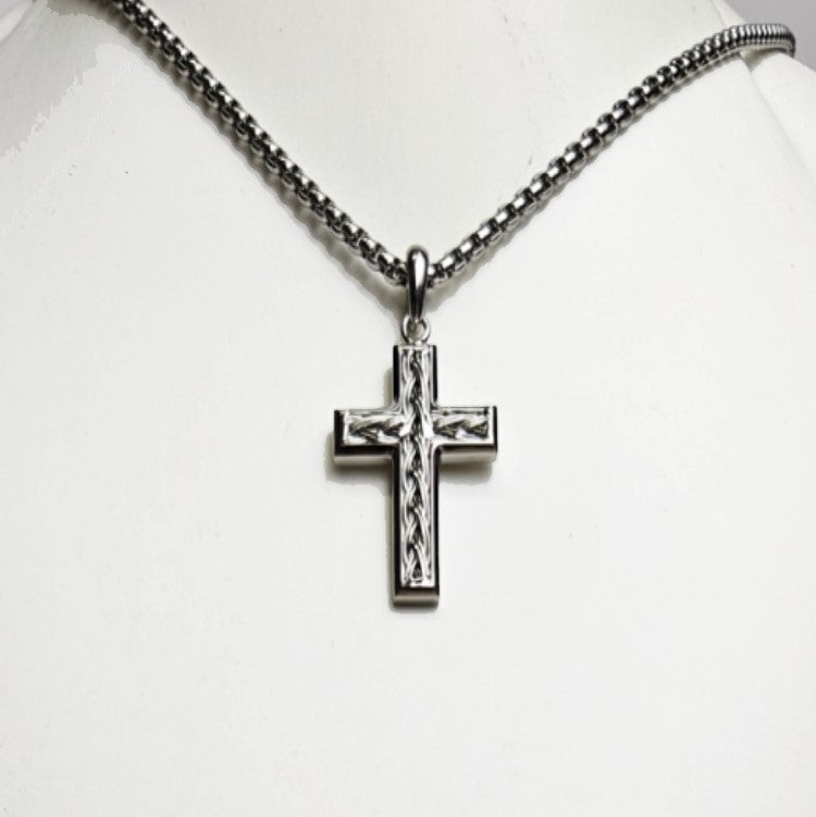 Stainless Steel Cross Pendant with Twisted Cable Inlay