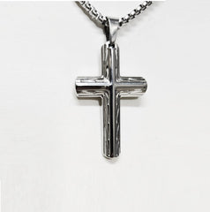 Stainless Steel Cross Pendant with Sculpted Side Design