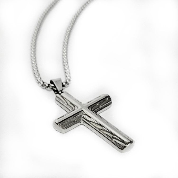 Stainless Steel Cross Pendant with Sculpted Side Design