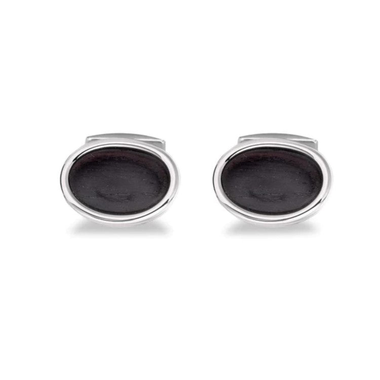 Hoxton London Men's Sterling Silver Ebony Wood Oval Cufflinks