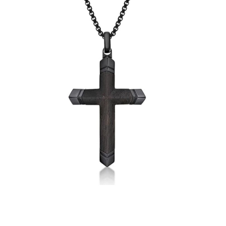  Men's Black Plated Stainless Steel Cross with Ebony Wood Inlay 