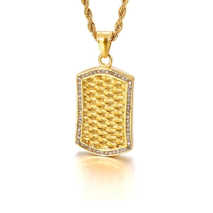 Stainless Steel Gold Exotic Stone Pavé Dog Tag with Cubic Zirconia Pendant