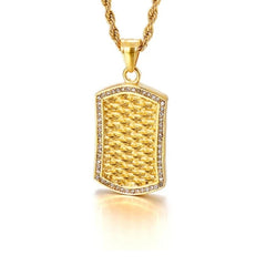 Stainless Steel Gold Exotic Stone Pavé Dog Tag with Cubic Zirconia Pendant