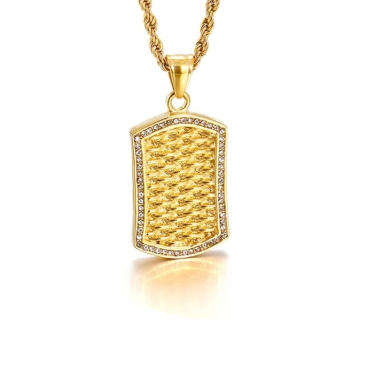 Stainless Steel Gold Exotic Stone Pavé Dog Tag with Cubic Zirconia Pendant