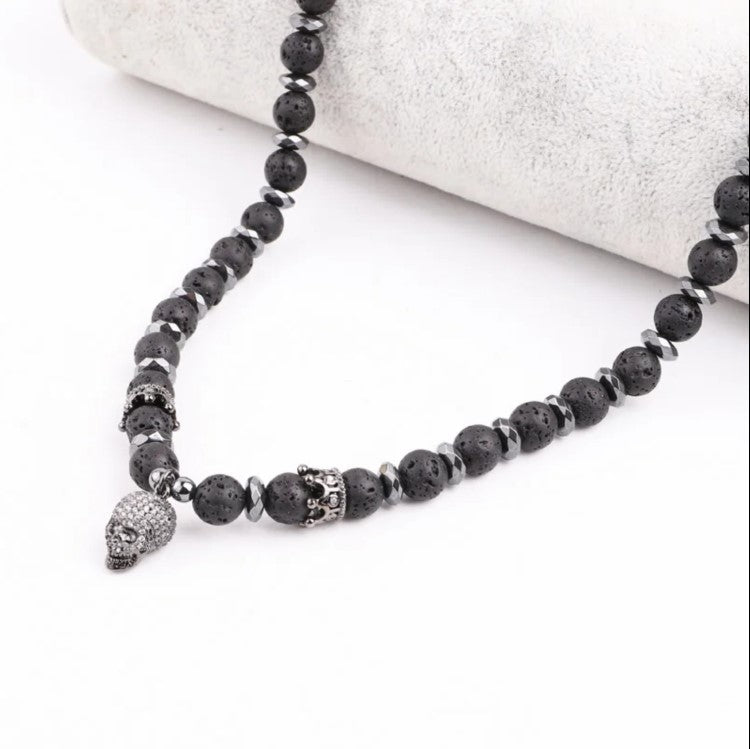 Lava stone Beaded Men with pave Skull bead Necklaces