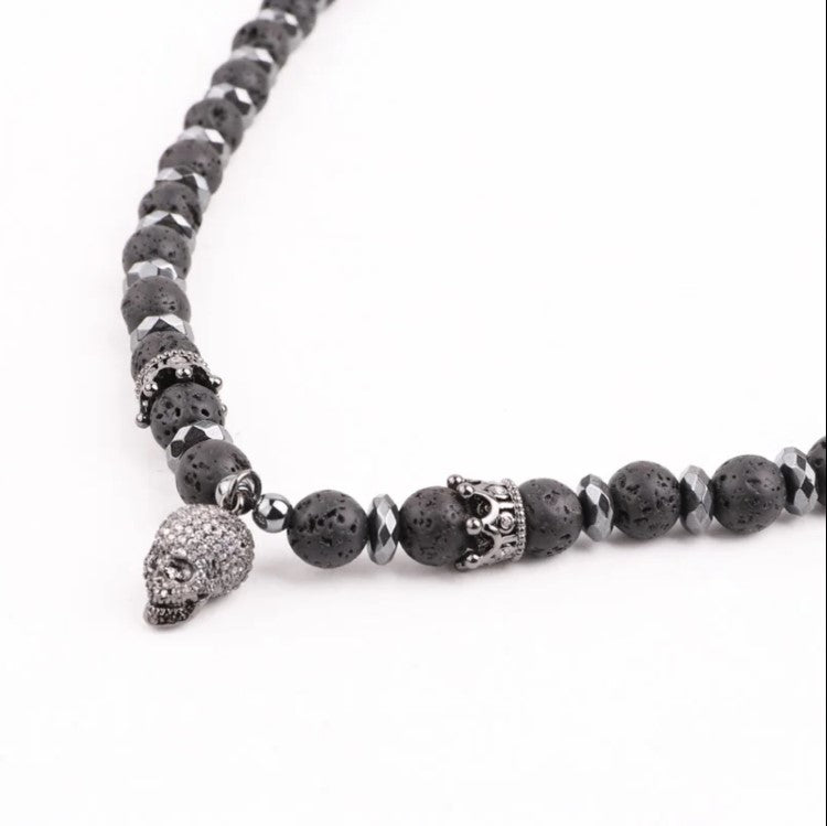 Lava stone Beaded Men with pave Skull bead Necklaces