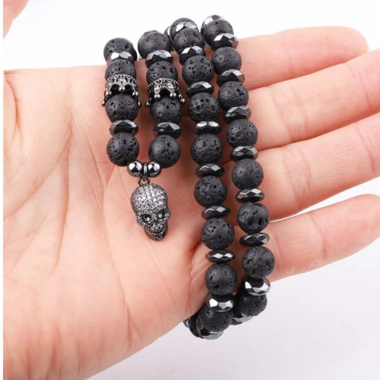 Lava stone Beaded Men with pave Skull bead Necklaces