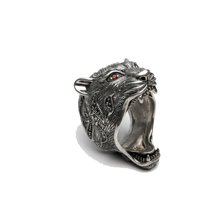 Tiger Designer Ring with Garnet Eyes