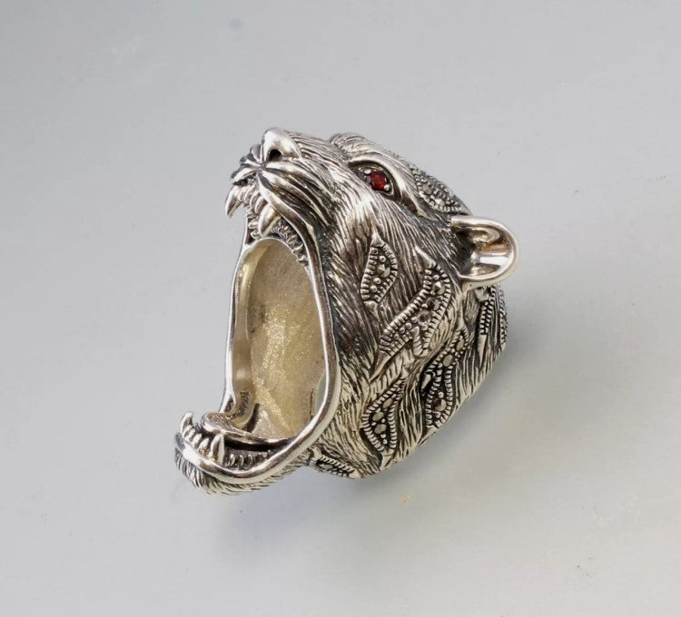 Sterling Silver Animal Collection Tiger Marcasite Ring