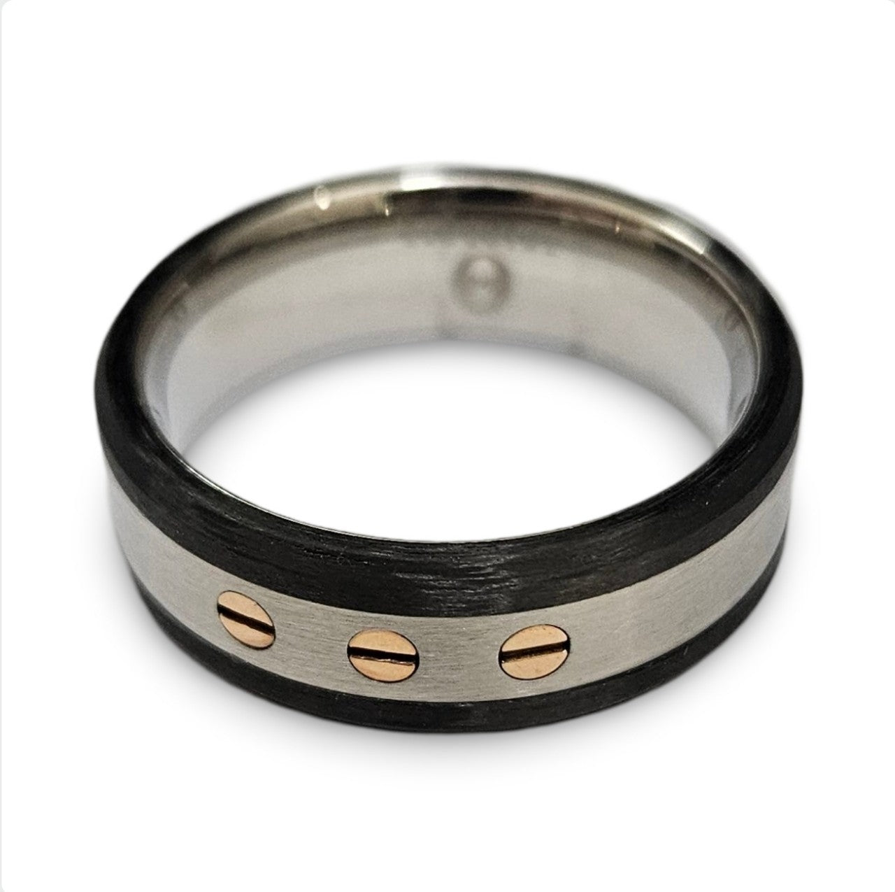 Sleek Carbon Fiber &amp; Stainless Steel Ring with Gold Accents