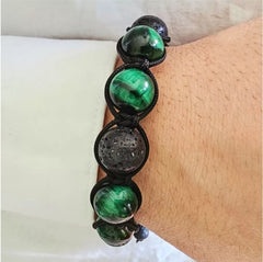 Lava Agate and Green Tiger Eye Macramé  Beaded Bracelet