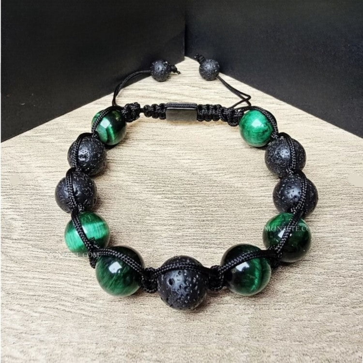 Lava Agate and Green Tiger Eye Macramé  Beaded Bracelet