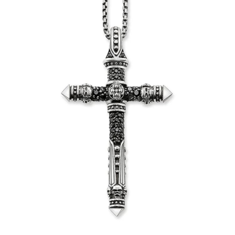 Silver Skull and Cross with Black C.Z and Engraving Double Sided Pendant