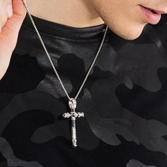 Silver Skull and Cross with Black C.Z and Engraving Double Sided Pendant