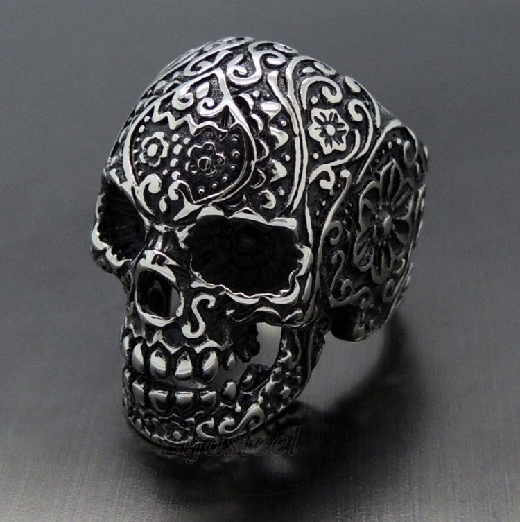 Stainless Steel Men's Gothic Flower Skull  Ring