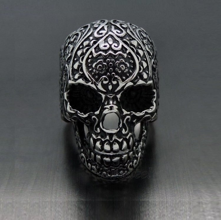 Stainless Steel Men's Gothic Flower Skull  Ring