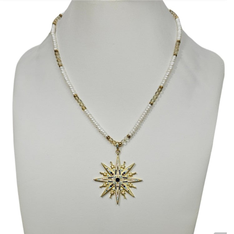 Citrine and Freshwater Pearl Rondelle Necklace with Gold-Plated Snowflake Pendant