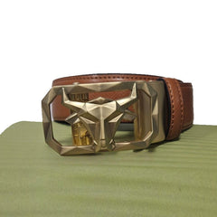 Mens Tan Patern Leather Belt with Automatic Bull's Head Clasp