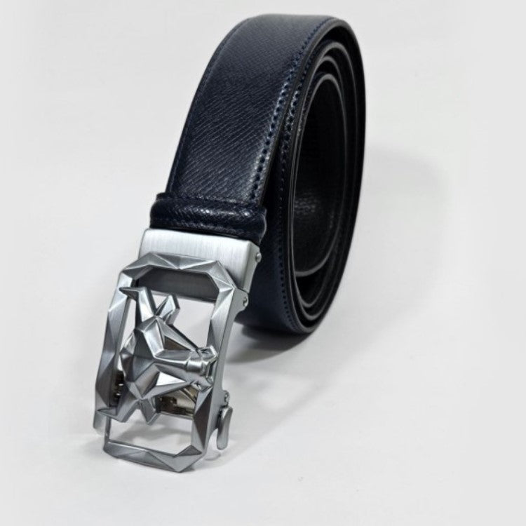 Mens Blue Patern Leather Belt with Automatic Bull's Head Clasp