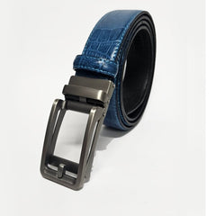 Mens Blue Crocodile Patern Cowhide Leather Belt with Automatic  Clasp