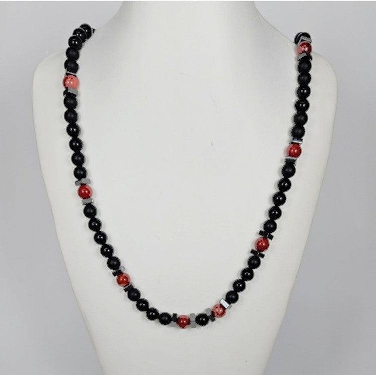 Black Onyx and Red Calcedony Beaded Necklace