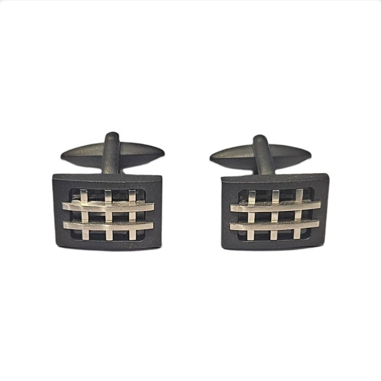 Matte Black Ion-Plated Steel Cufflinks with Polished Silver Grid Inlay