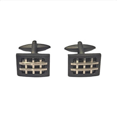 Matte Black Ion-Plated Steel Cufflinks with Polished Silver Grid Inlay